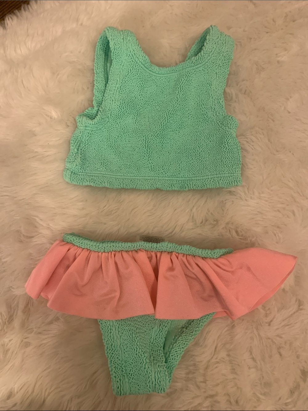 Hunza G Mint Green & Pink Two-Piece Ruffle Bikini Set